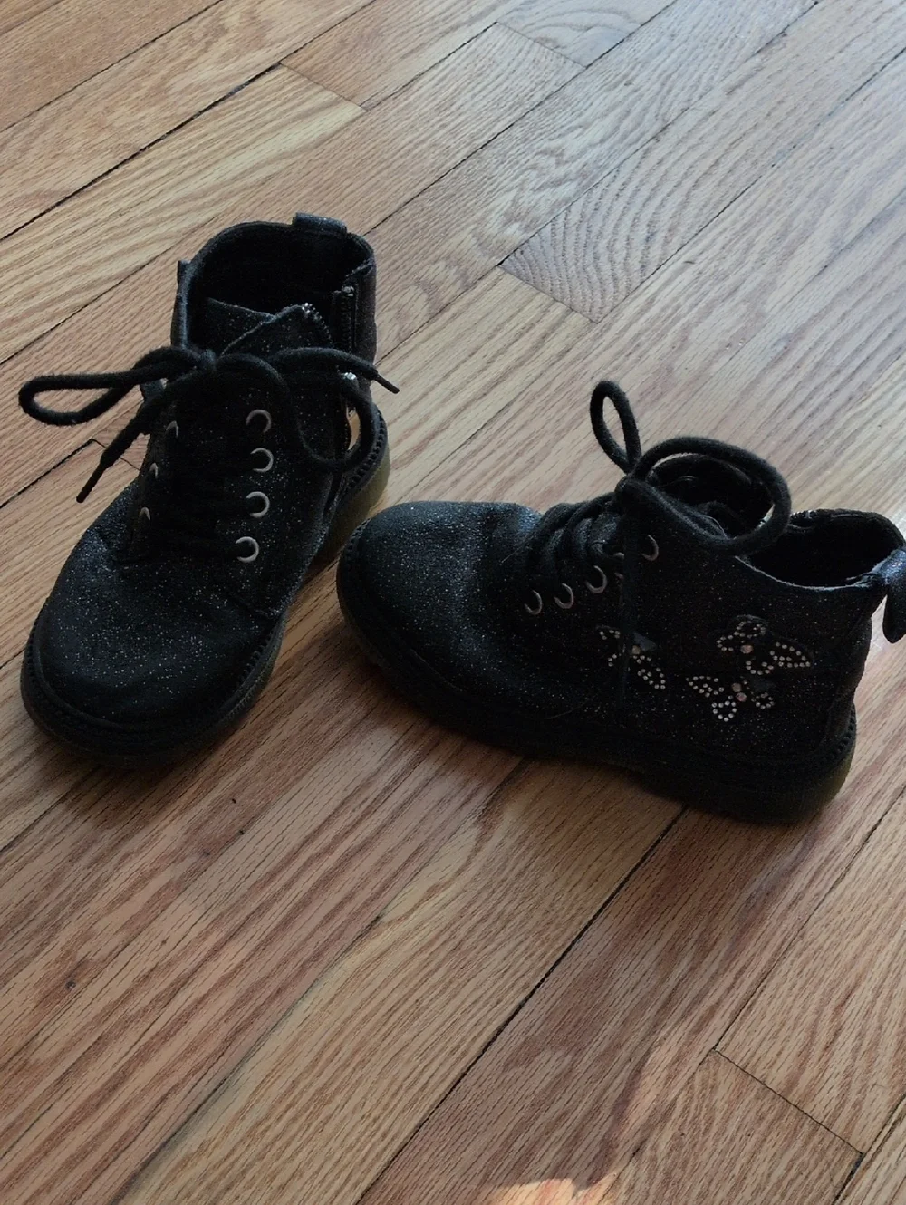 Kids Black Glitter Lace-Up Ankle Boots With Butterflies Size 10